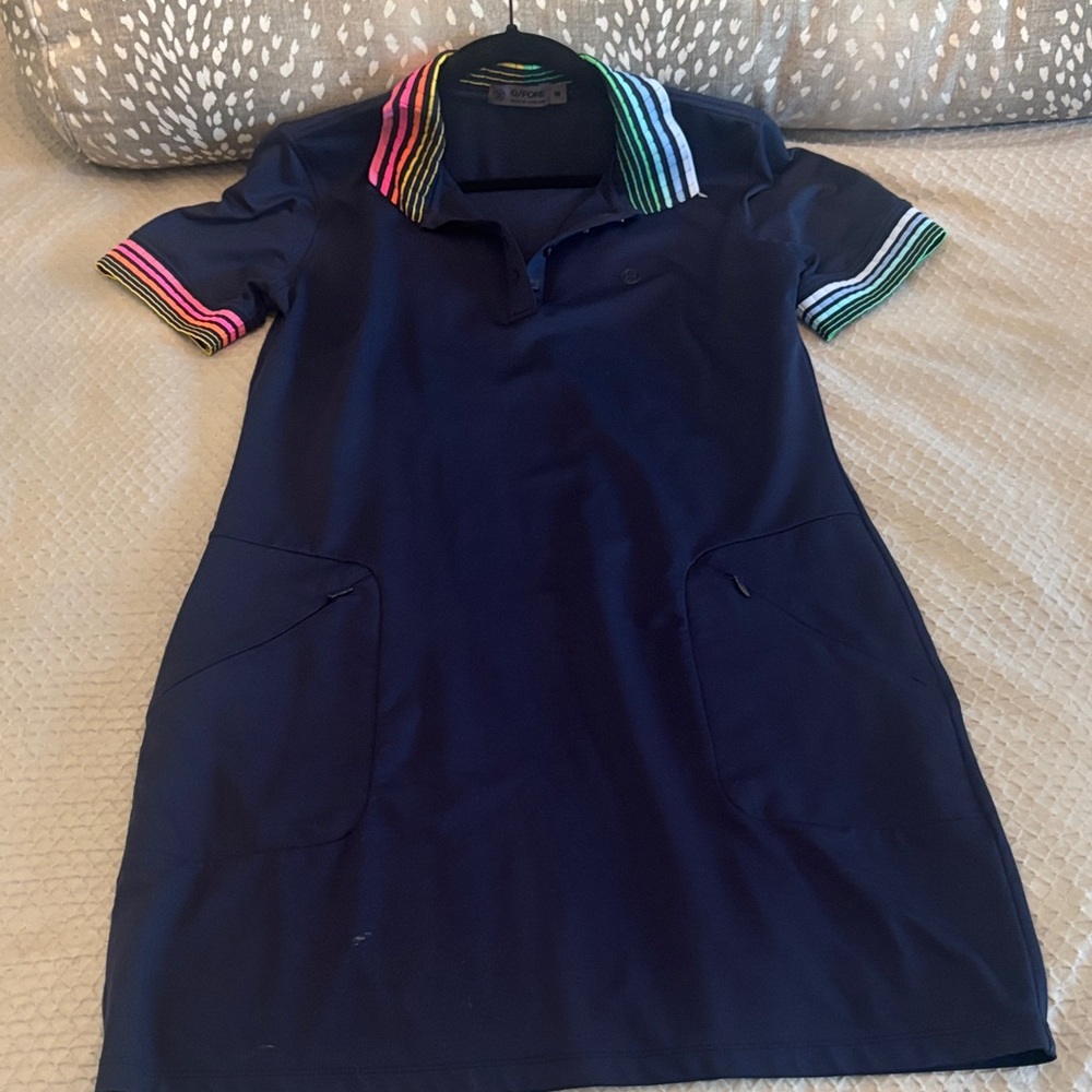 G/FORE Navy Polo with Green and Yellow Striped Collar golf dress